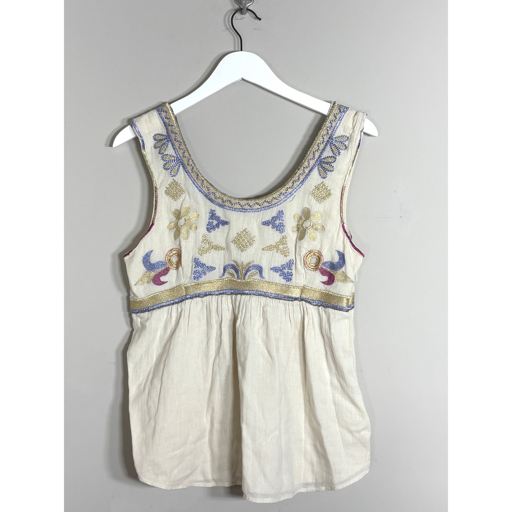 Christophe Sauvat Metallic Embroidered Boho Beaded Babydoll Top Cream Medium - Picture 12 of 12